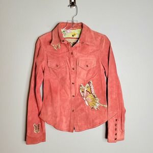 Vintage Alan Michaels Suede Butterfly Embroidered Western Snap Shirt Size Small